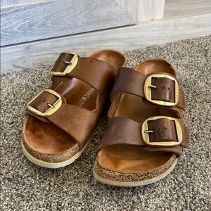 Brown Leather Sandals with Gold Buckles